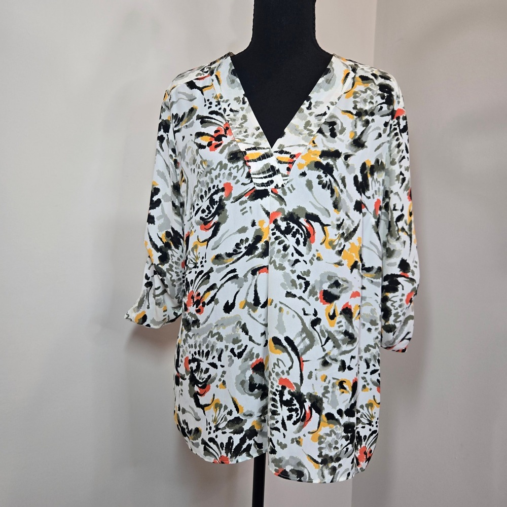 Abstract Print Blouse Womens Size L White Orange Excellent V-Neck (T9)